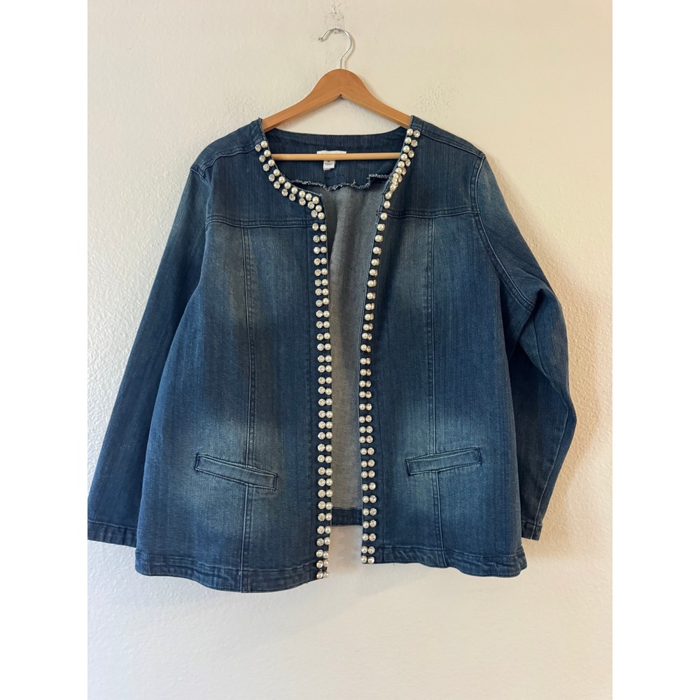 Joan Rivers Pearl Rhinestone Denim Jacket XL Blue Open Front Embellished XL